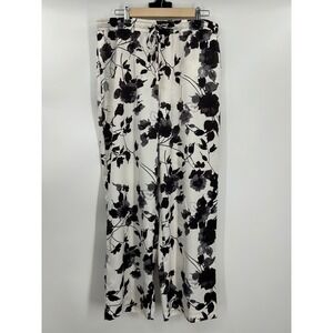 Anne Klein Womens Large White Black Floral Wide Leg Elastic Waist Flowy Pants